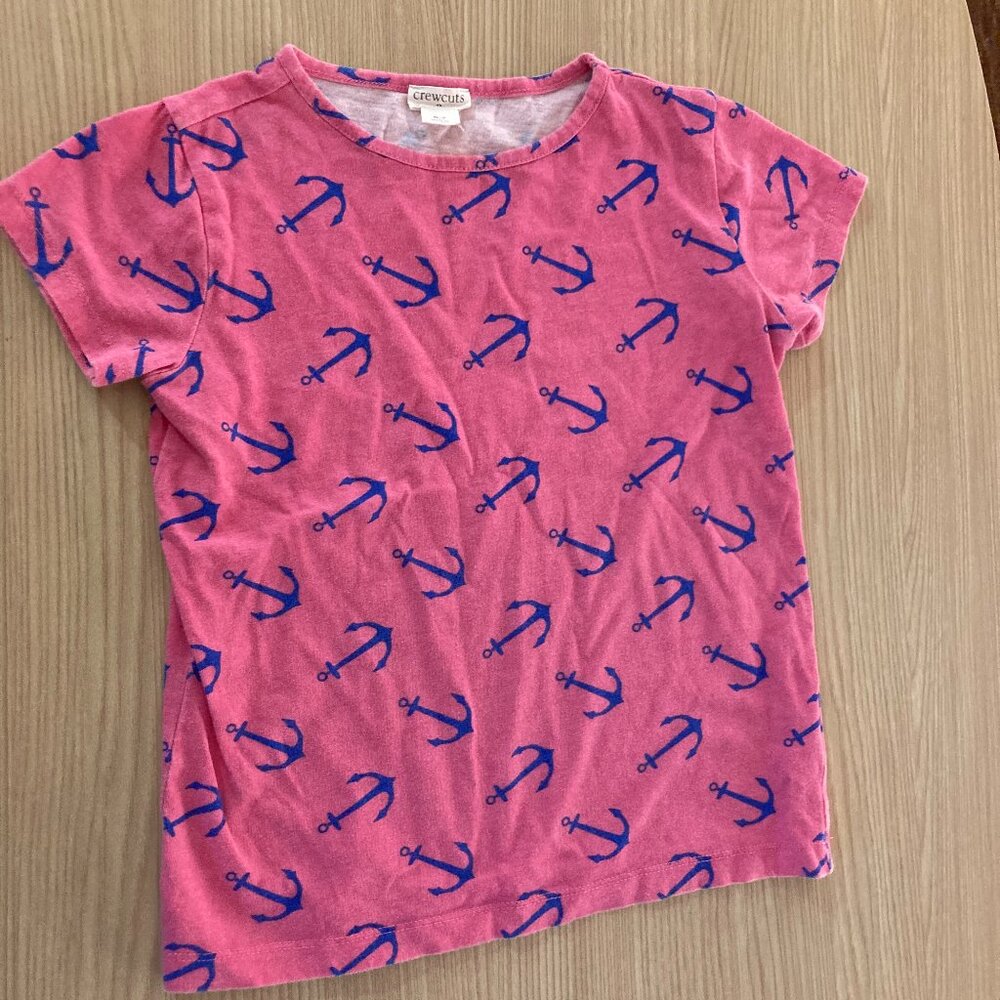 Crewcuts Factory Pink Anchor Print T Shirt 6-7 Short Sleeve 100% Cotton GUC